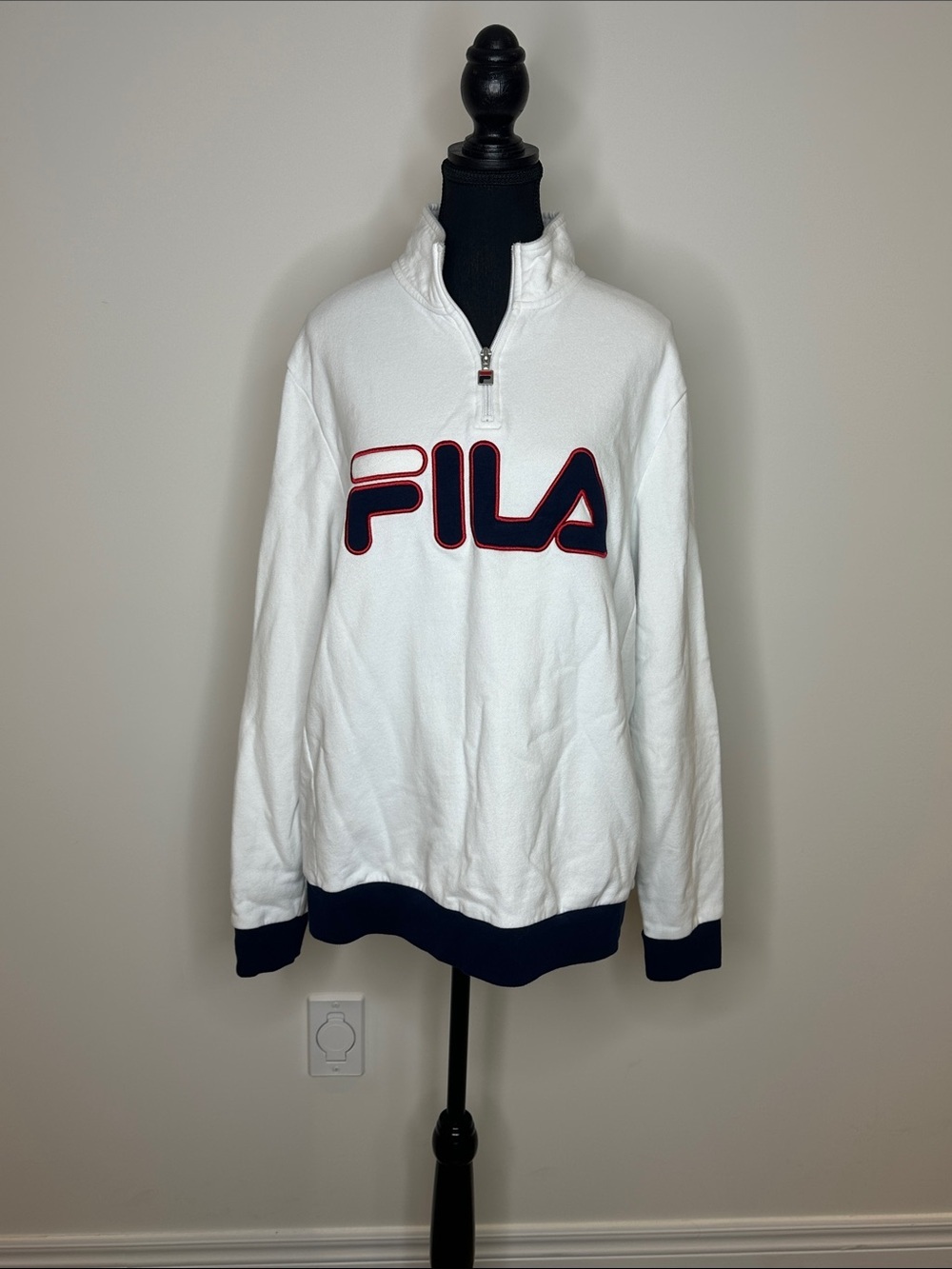 [WOMEN] FILA Quarter Zip Pullover Sweatshirt White Blue Logo Size M